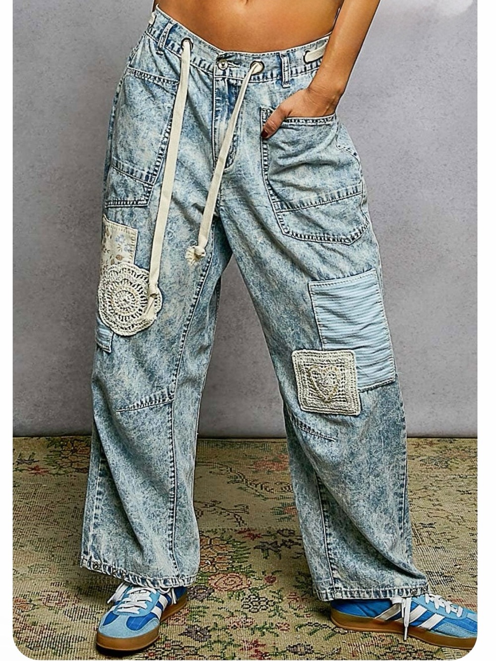New: POL Light Mineral Wash Mixed Patchwork Crochet Detail Flared Leg Jeans• S